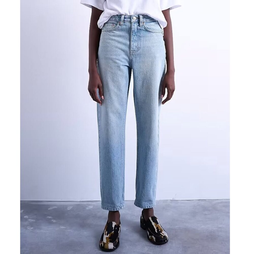 Topshop High Rise Mom Jeans Cropped‎ Light Wash W34 Petite Short Hemmed 22"
